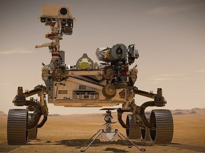 Марсоход "Персеверанс" и беспилотный вертолет на поверхности Марса. Иллюстрация: ru.wikipedia.org