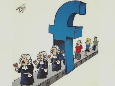 Конвейер "судей" из Фейсбука. Карикатура: uainfo.org