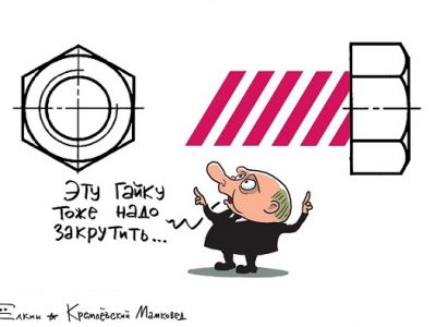 Путин и ТК "Дождь": "Эту гайку тоже надо закрутить". Карикатура С.Елкина: t.me/kremlin_mother_expert