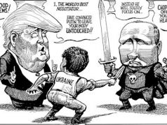 Зеленский, Трамп и Путин. Источник: https://www.economist.com/the-world-this-week/2025/03/20/the-weekly-cartoon
